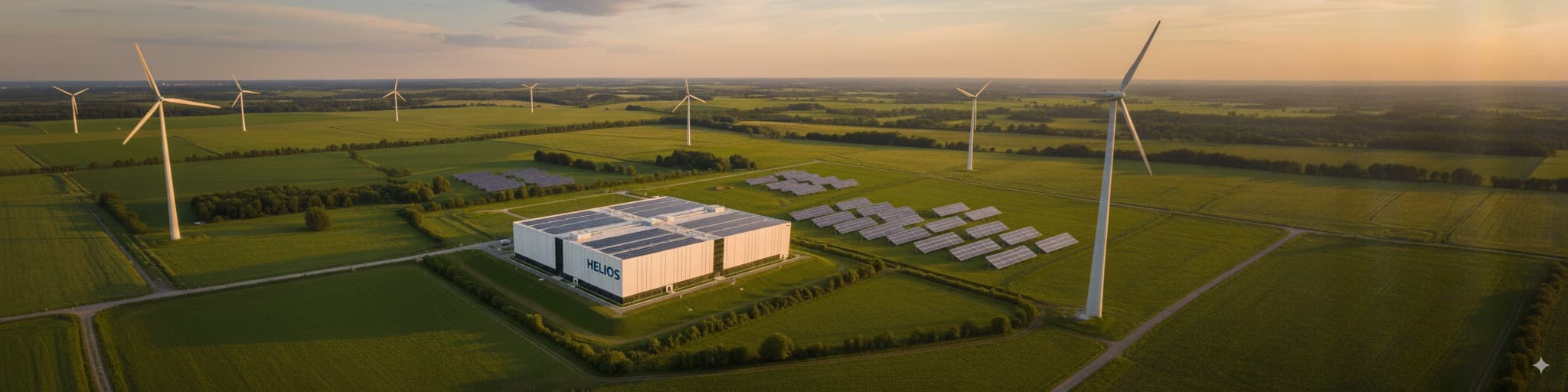 Renewable energy landscape with wind turbines and solar panels