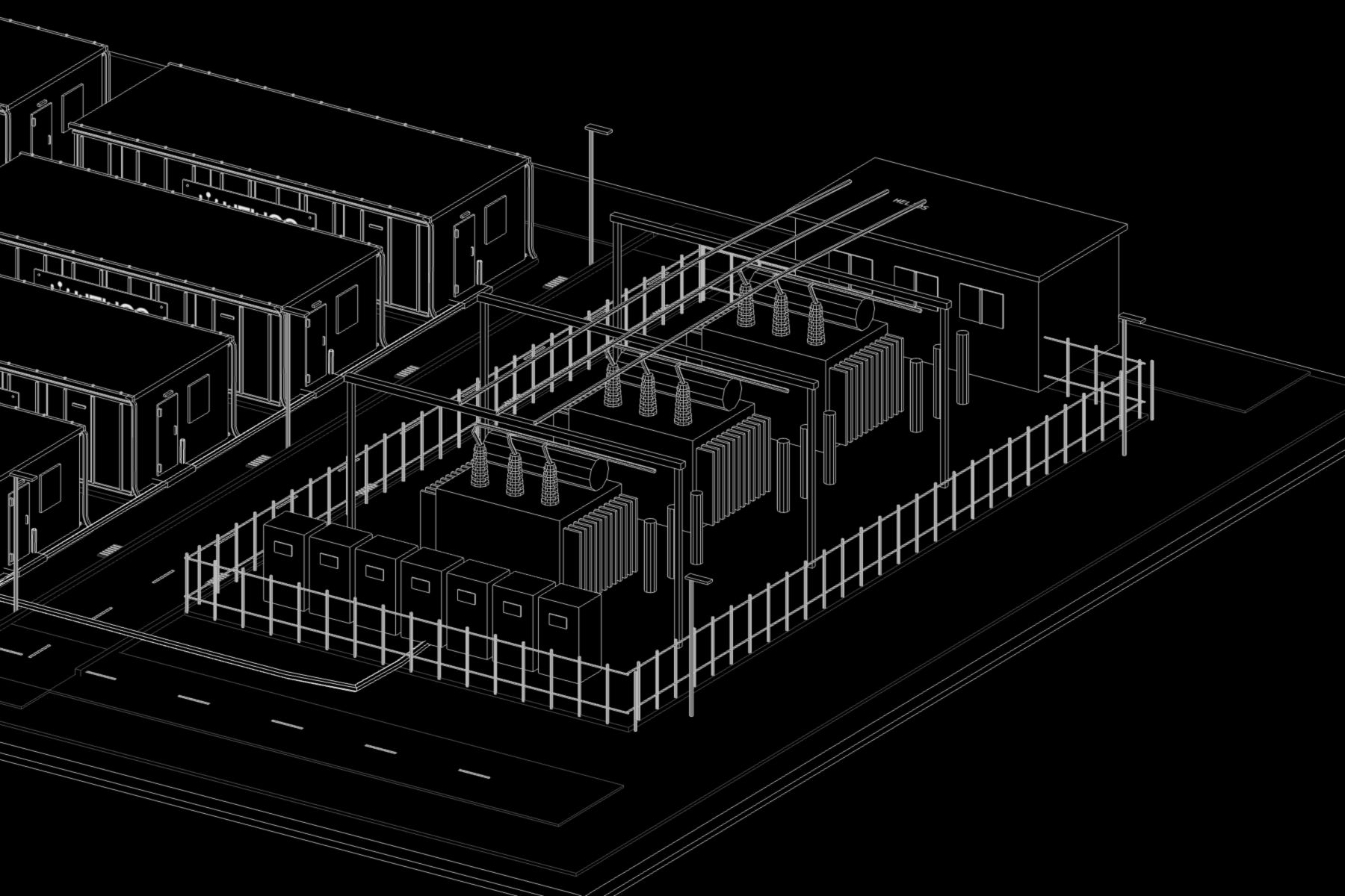 Line drawing of transformers and switchgear feeding a row of Helios modular data halls