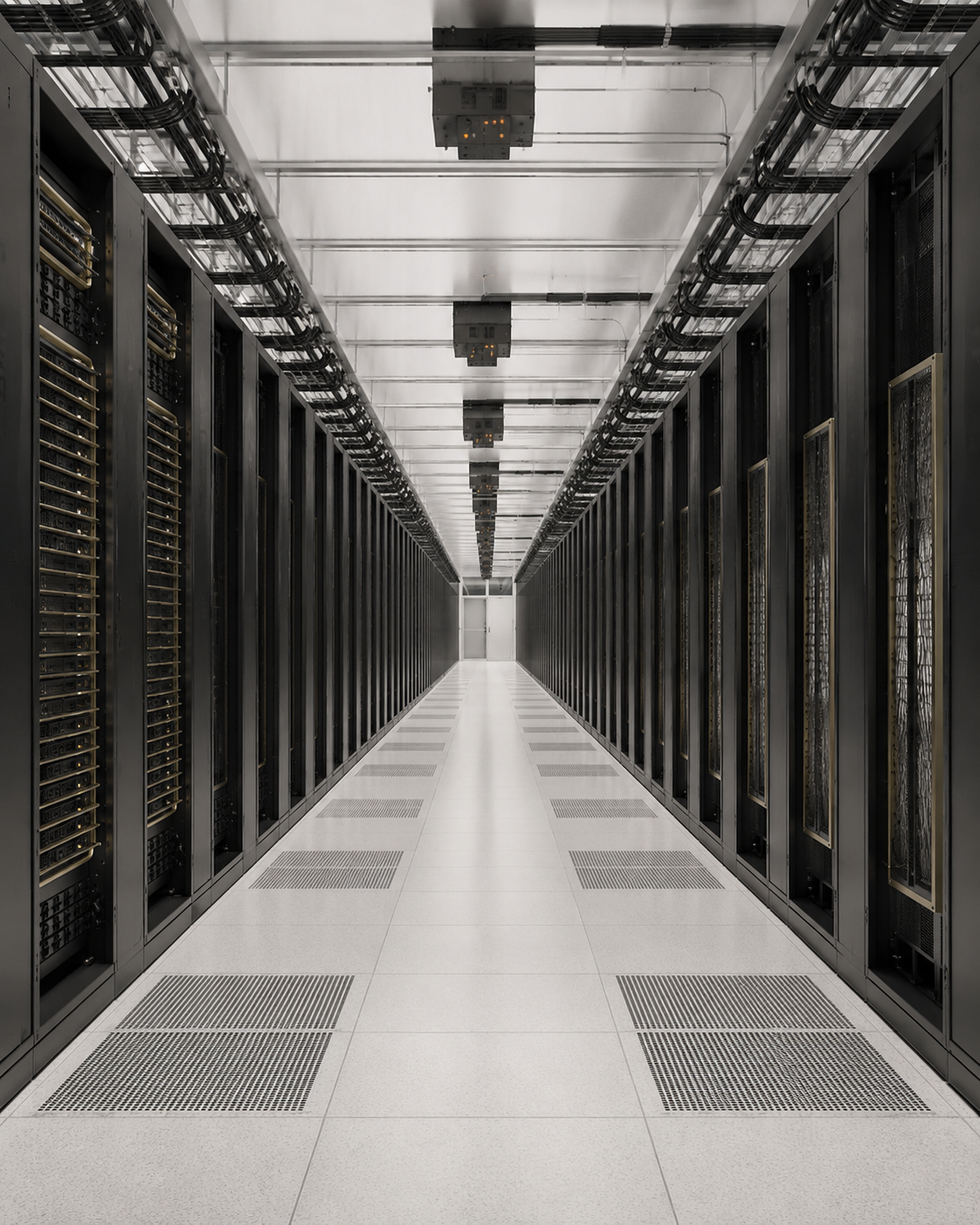 Architectural illustration of a data hall between rows of server racks