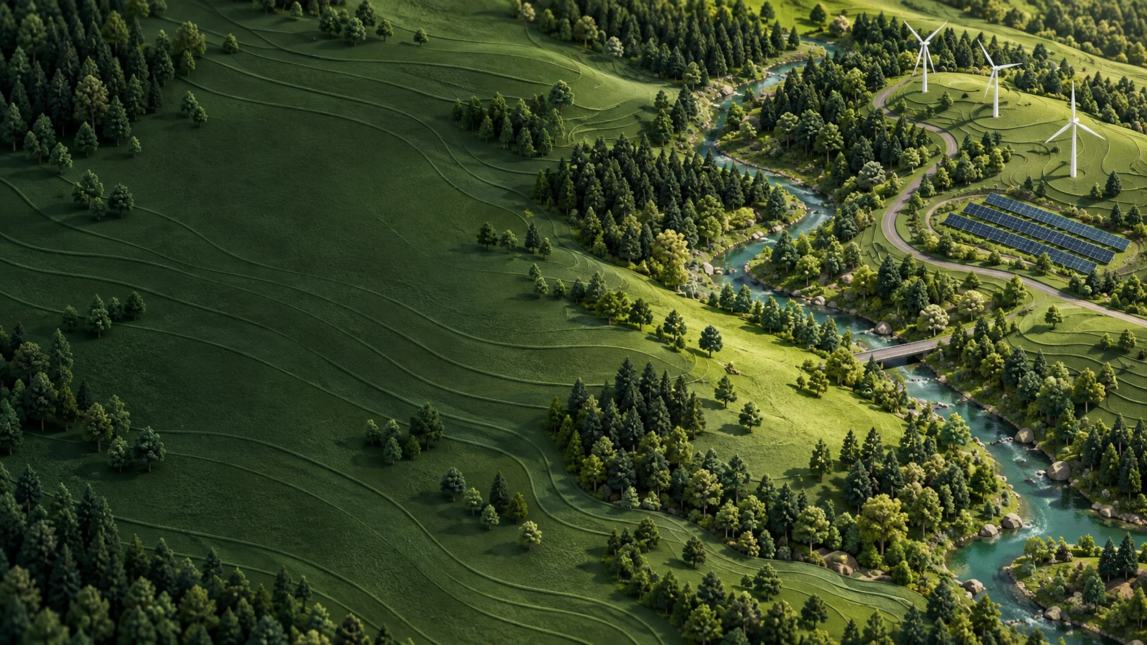 Conceptual miniature landscape with layered green hills, forests, a winding river, wind turbines and solar panels.